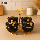 BLACK AND GOLD 4 PIECE CONDIMENT JAR SET WITH TRAY AND CRYSTAL KNOB LIDS -  ZQ-110-4